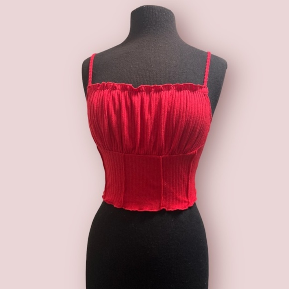 SHEIN EZwear Frill Trim Ruched Front Rib-Knit Cami Top